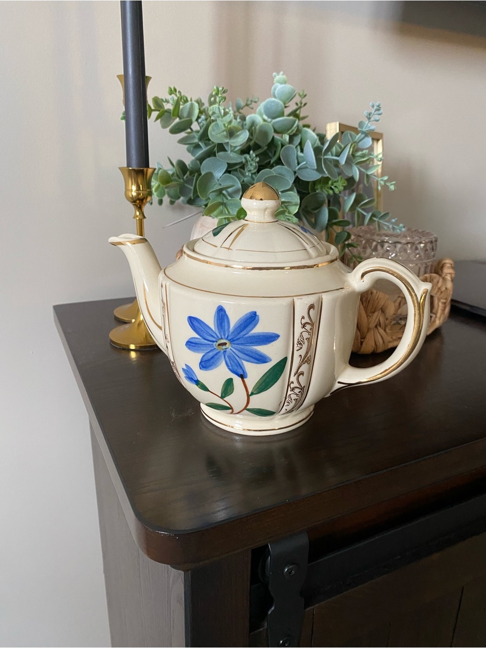 Shawnee Pottery - Vintage Cream Teapot with Blue Floral Design